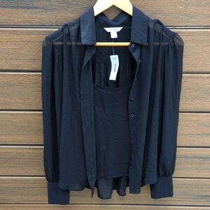 Joe Fresh Women's Semi Sheer Black Blouse With Built In Tank - Size Small NWT